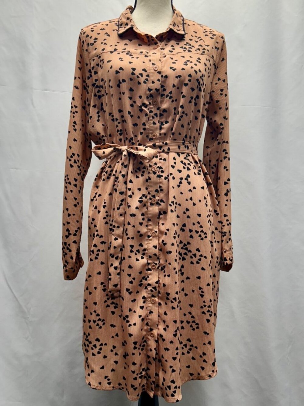 Kori America Womens Button Front Long Sleeve Shirt Dress Tan With Black Heart Pr